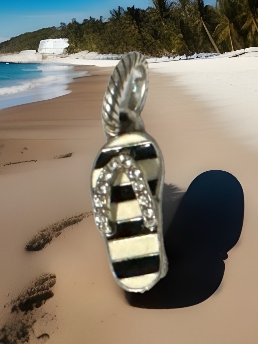 Brighton Flip Flop charm Black & white stripes Crystals Anchors on sole Retired